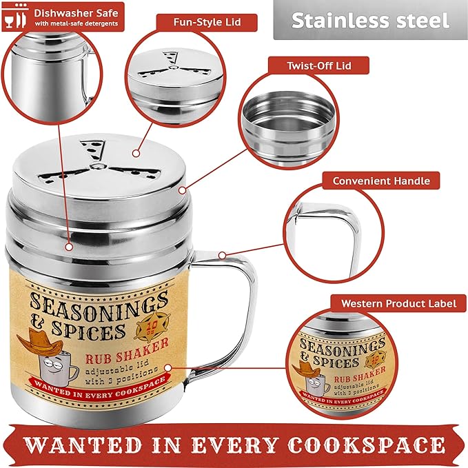 [6-pcs] 10 oz Seasonings Spice Shakers with Adjustable Fan-Style Lids and Handles + [1-pc] 10 oz Stainless Steel Salt Pepper Dredge Shaker with Plastic Cap and Handle Bundle