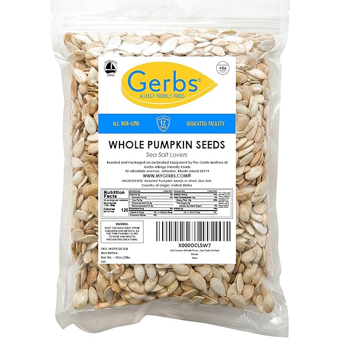 Pumpkin Seeds in-Shell Whole Roasted Heavy Sea Salt by Gerbs - 2 LBS Premium Grade AA Pepitas - Top 10 Food Allergen Free - Vegan &amp Kosher - Seed Country of Origin USA - Made in Rhode Island