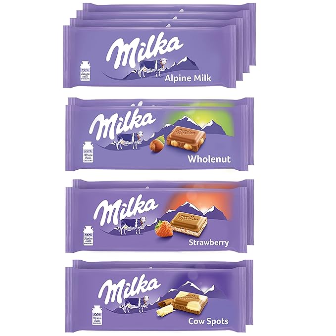 Milka European Chocolate Bars Variety Pack Alpine Milk Chocolate Cow Spots Strawberry &amp Wholenut Hazelnut 10 - 3.52 oz Bars