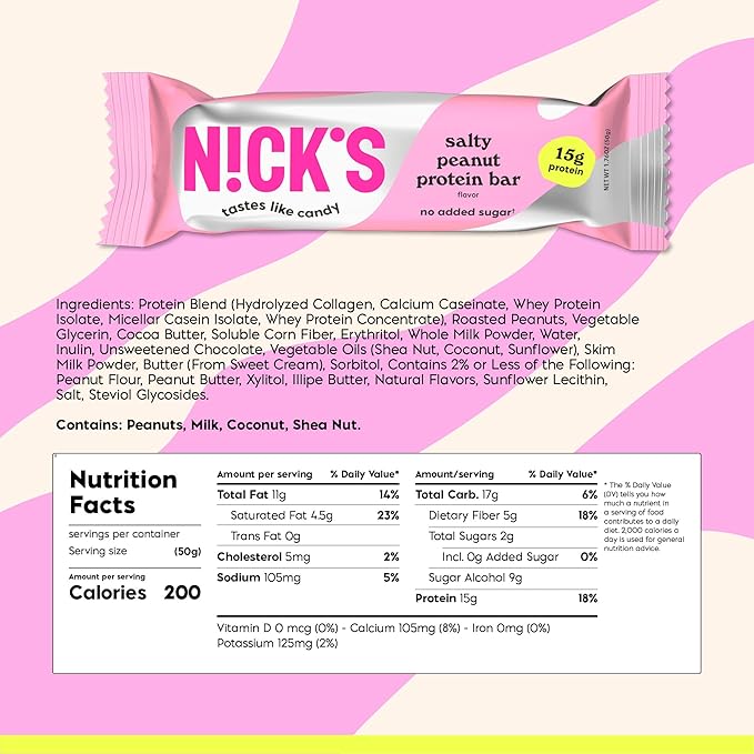 NICKS Protein Bars Salty Peanut Chocolate – 12-Count Box | 15g protein | 200 calories | Protein-Packed Snack Low Calories Low Carbs Keto Friendly No Added Sugar