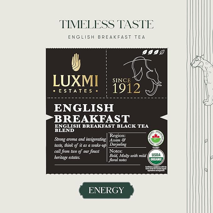 Luxmi Estates Tale of Two Estates Organic English Breakfast Tea (50 Tea Bags) Caffeinated Tea Bags For A Morning Boost and Natural Energy With Certified Organic Darjeeling &amp Assam Black Tea