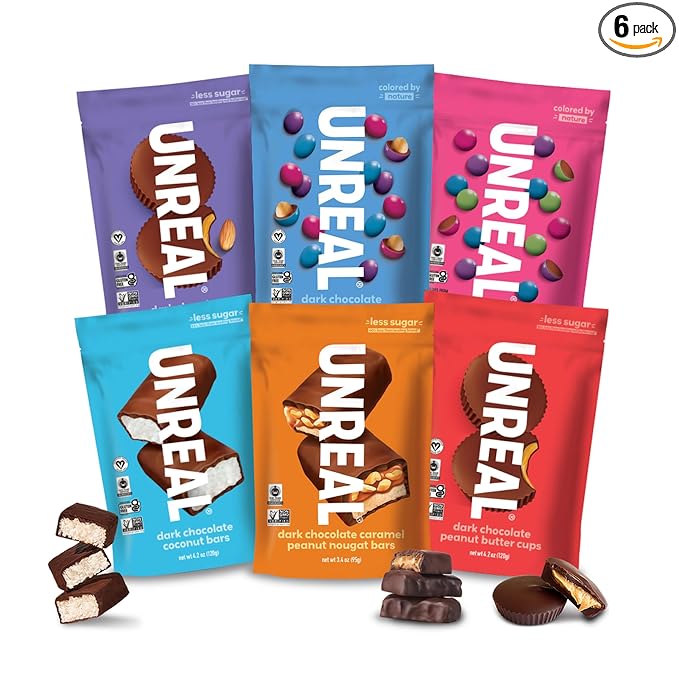 UNREAL Complete Variety Pack (6 Bag Sampler) | Less Sugar Fair Trade Non-GMO Ingredients with no Corn Syrup or Sugar Alcohols No Soy
