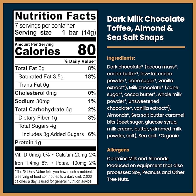 Chocxo Dark Milk Chocolate Toffee Almond &amp Sea Salt Snaps - Lower Sugar 69% Organic Cacao NonGMO Keto Gluten Free Kosher. No Artificial Sweeteners/Sugar Alcohols 3.45 oz (Pack of 6)