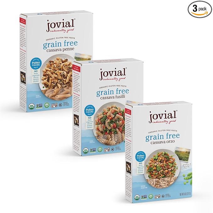 Jovial Grain-Free Cassava Pasta Variety (Orzo Penne and Fusilli) - Cassava Pasta Paleo Pasta Gluten Free Pasta Spaghetti Grain-Free Gluten-Free Organic Non-GMO - 3 Pack 1 of Each Flavor