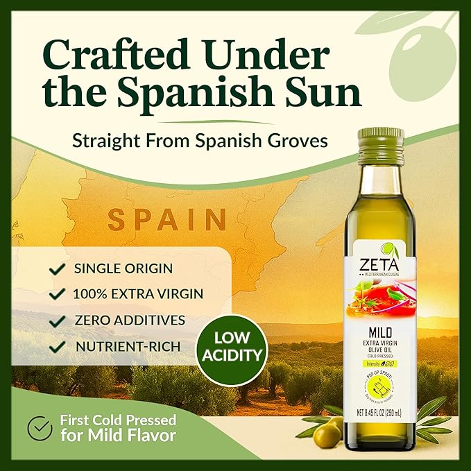 Zeta Extra Virgin Olive Oil 8.5 fl oz (3 Pack) | Premium Glass Bottle with Pop-Up Spout | Cold-Pressed | Product of Spain | Ideal for Baking Cooking Grilling Roasting Pasta &amp Salads