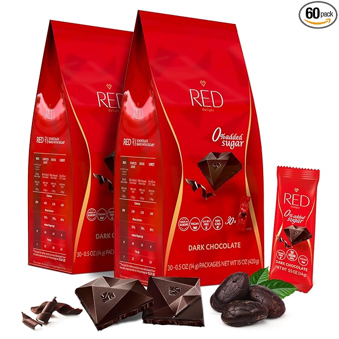 Red Delight Snack Size Dark Chocolate Bars - Pack of 2 30oz (With 60 Diamond-Shaped Dark Chocolates) - Low Carb Kosher No Added Sugar Gluten-Free - Smooth European-Style Healthy Birthday Treat