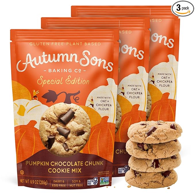 Autumn Sons Baking Co. Gluten Free Pumpkin Chocolate Chunk Cookie Mix. Limited Edition Pumpkin Spice Cookie Mix. Vegan Plant Based. No Dairy Soy &amp Nuts. Top 9 Allergen Free. 8.9 oz (Pack of 3)