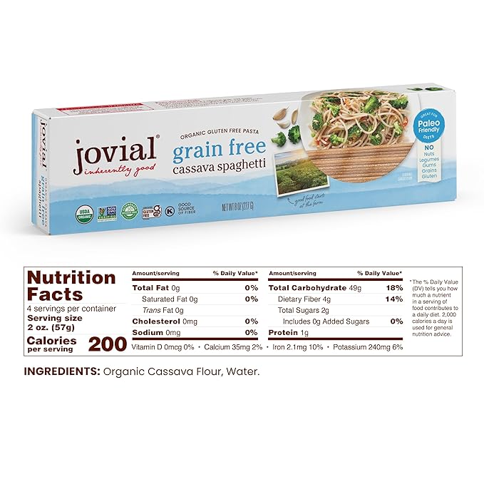 Jovial Grain-Free Cassava Spaghetti - Spaghetti Noodles Cassava Pasta Paleo Pasta Gluten Free Pasta Spaghetti Grain-Free Certified Gluten-Free USDA Certified Organic Non-GMO - 8 Oz 3 Pack