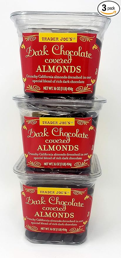 Trader Joes Dark Chocolate Covered Almonds - Pack of 3 Tubs - 16 oz per Tub