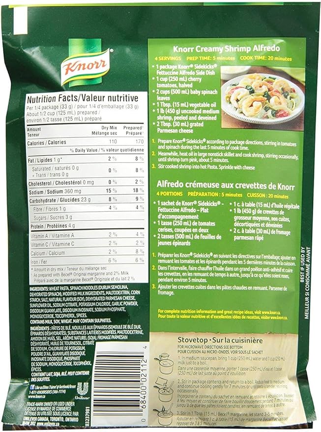 Knorr Sidekicks Fettucine Alfredo Pasta 133g/4.7oz 8-Pack {Imported from Canada}