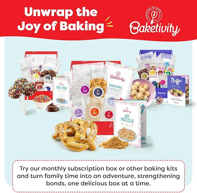 Baketivity Kids Baking Set Meal Cooking Party Supply Kit for Teens Real Fun Little Junior Chef Essential Kitchen Lessons Includes Pre-Measured Ingredients (Kit +Hat &amp Apron Pretzel)
