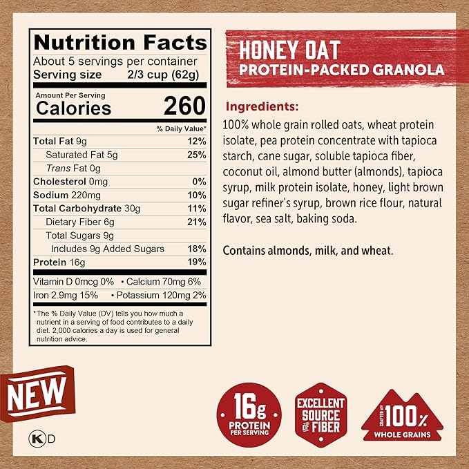 Kodiak Cakes Granola Honey Oat High Protein 100% Whole Grains (Pack of 5 pouches)