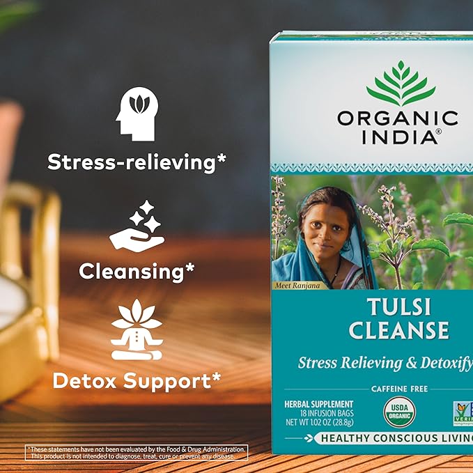 ORGANIC INDIA Tulsi Cleanse Tea - Holy Basil Ginger Turmeric Herbal Tea Stress Relieving &amp Cleansing Immune Support Adaptogen Organic Non-GMO Caffeine-Free - 18 Infusion Bags 3 Pack