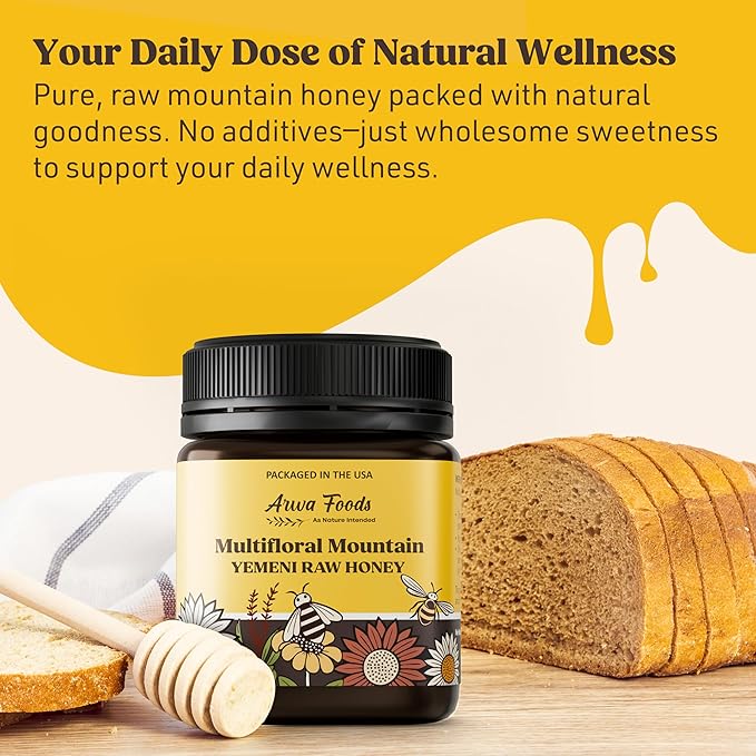 Arwa Foods Multifloral Mountain Yemeni Raw Honey - Royal Yemeni Raw honey from Wadi of Douan - Sealed &amp Packaged in USA - 100% Unfiltered Raw &amp Pure Honey (8.82 oz)