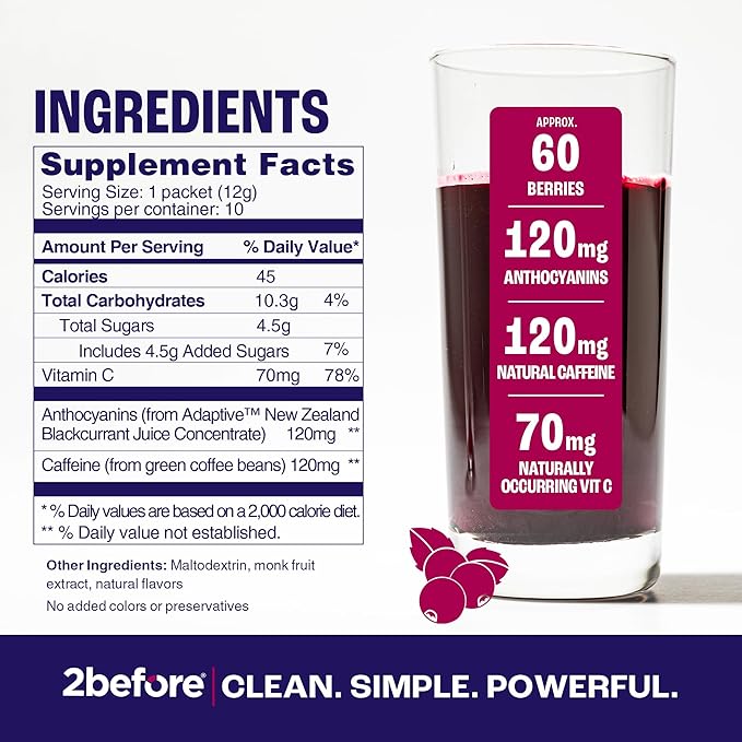2before Blackcurrant I All Natural Vegan Pre Workout with 120mg Caffeine I Clean Energy Endurance Recovery I Pre Workout Women and Men I 10 x Individual Packets I Informed Sports Certified