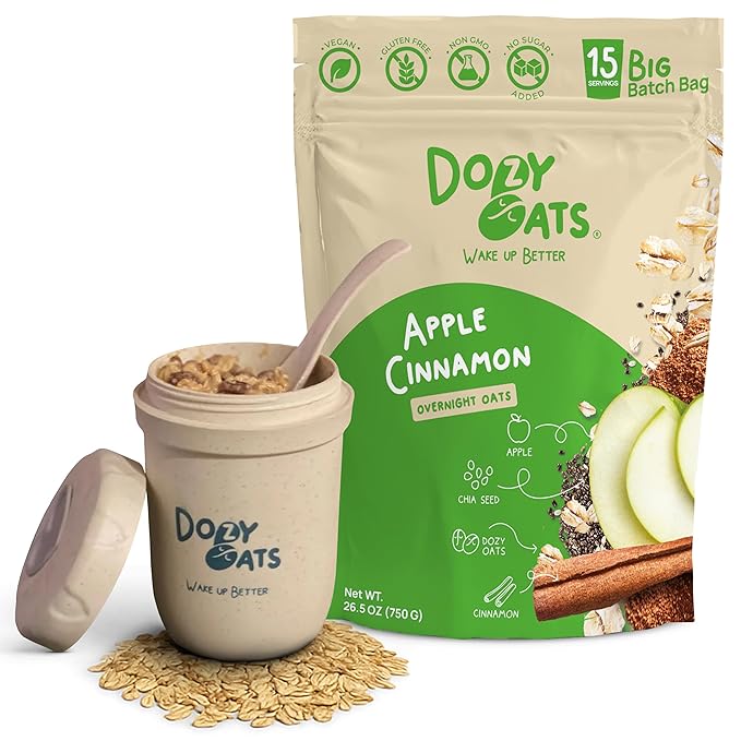 Dozy Oats Overnight Oatmeal 15-Serving Big Batch Bag. Gluten-Free Natural Source of Protein and Fiber Apple Cinnamon 750g Pack and Jar