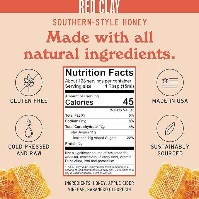 Spicy Hot Honey by Red Clay Hot Sauce Gluten Free Paleo Friendly Raw Wildflower Honey Sustainably Sourced Unique Sweet Condiment and Marinade Medium Heat Made in USA Bulk Size ½ Gallon Jug