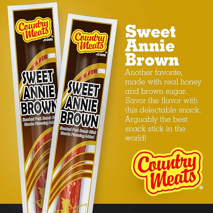 Country Meats Meat Sticks 0 Trans Fat USDA Certified Good Source of Protein Carb Conscious Snack (24 Meat Sticks Sweet Annie Brown)