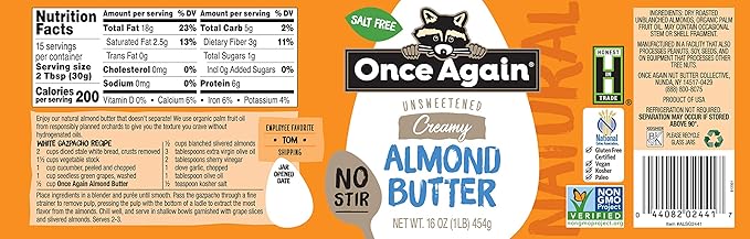 Once Again Natural Creamy Almond Butter 16oz - American Classic No Stir - Salt Free Unsweetened - Gluten Free Certified Peanut Free Vegan Kosher Paleo - Glass Jar (12 Pack)