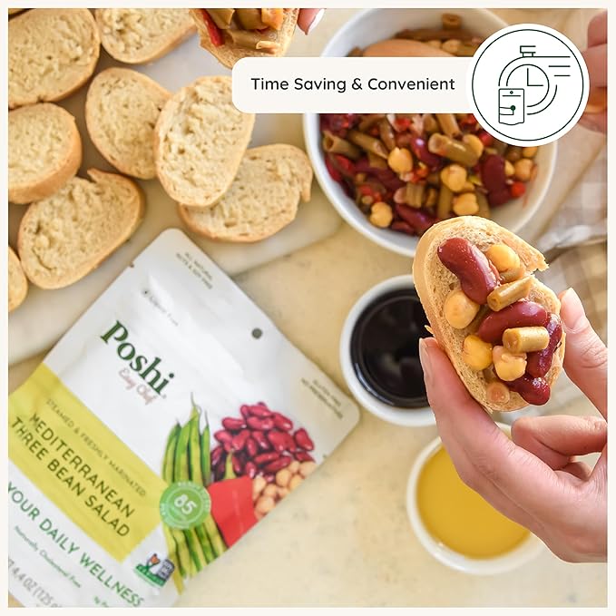POSHI Mediterranean Three Bean Salad Natural Keto Vegan Non GMO Low Carb + Calorie Gluten Free Ready to Eat Fully Cooked Vegetables Pentry Food Gourmet Healthy Travel Food 6 Pack 4.4 oz