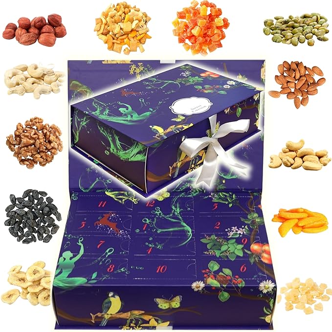 12-Day Advent Calendar with Dried Fruit &amp Nuts and Crackers Holiday Snack Gift Box Gourmet Nut &amp Fruit Sampler Christmas Countdown Treat for Adults Kids &amp Families