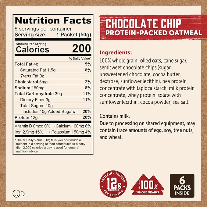 Kodiak Instant Oatmeal Packets Chocolate Chip High Protein 100% Whole Grains 6 boxes with 6 packets each (36 packets total)