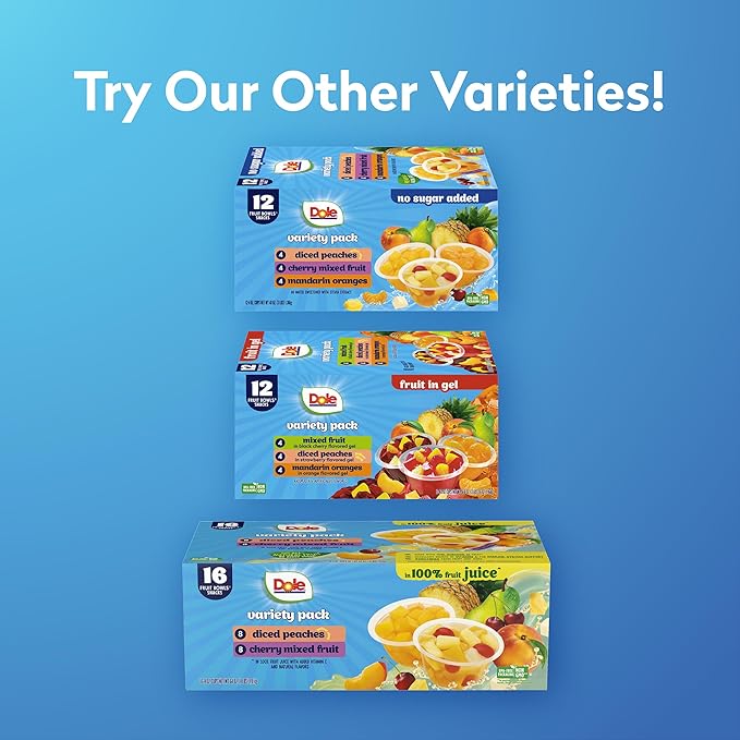 Dole Diced Peaches and Cherry Mixed Fruit in 100% Juice Variety Pack - Dole Fruit Bowls Snacks - 4 oz Bowls - 16 Pack