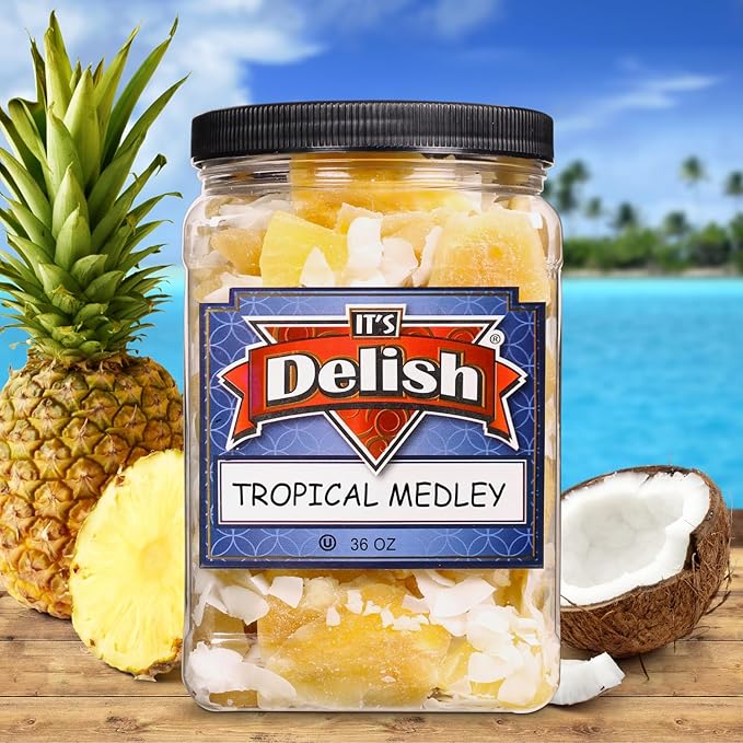 Tropical Mixed Dried Fruit Medley - by Its Delish 40 OZ Jumbo Container | Healthy Snacks for Adults | Fresh Snack Mix Dry Fruit | Pineapple Mango Guava Coconut | Vegan Kosher