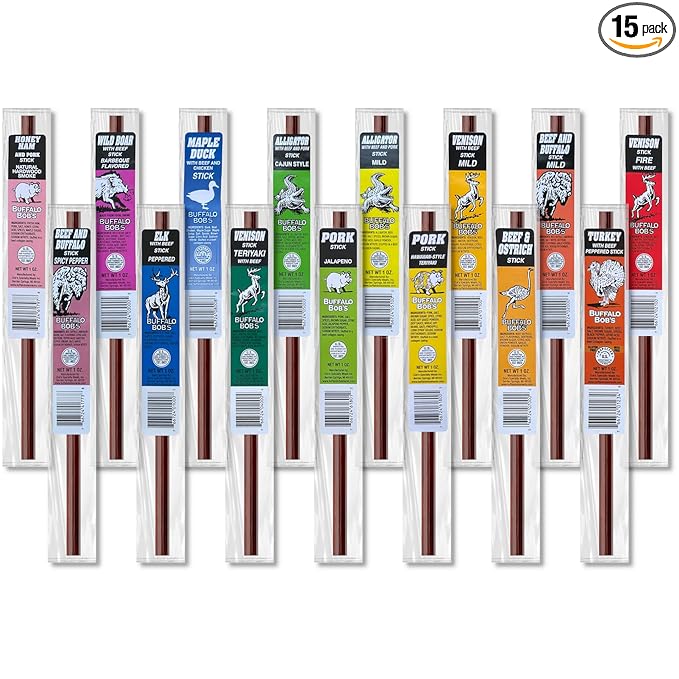 Buffalo Bob's 15 Piece Exotic Game Snack Sticks | California Legal | Alligator Antelope Elk Buffalo Duck Ostrich Turkey Venison Wild Boar Gift Pack