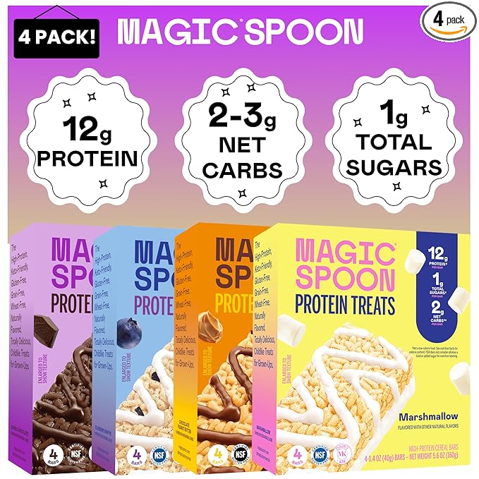 Magic Spoon Treats - 16 High Protein Bars: 4 Blueberry Muffin 4 Double Chocolate 4 Marshmallow 4 Chocolate Peanut Butter - High Protein Gluten Free Snack - Sugar &amp Gluten Free Protein Cereal Ba
