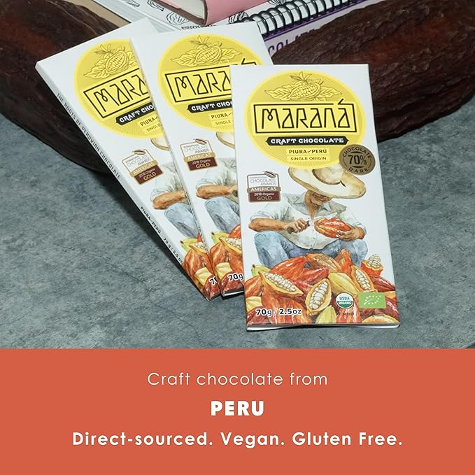 Maraná Chocolate Piura 70% Dark Chocolate 3 Pack - Peruvian Chocolate - Premium Bean-to-Bar Direct Sourced Made at Origin Single Origin Woman Owned BIPOC Owned Organic Award Winning - Vegan S