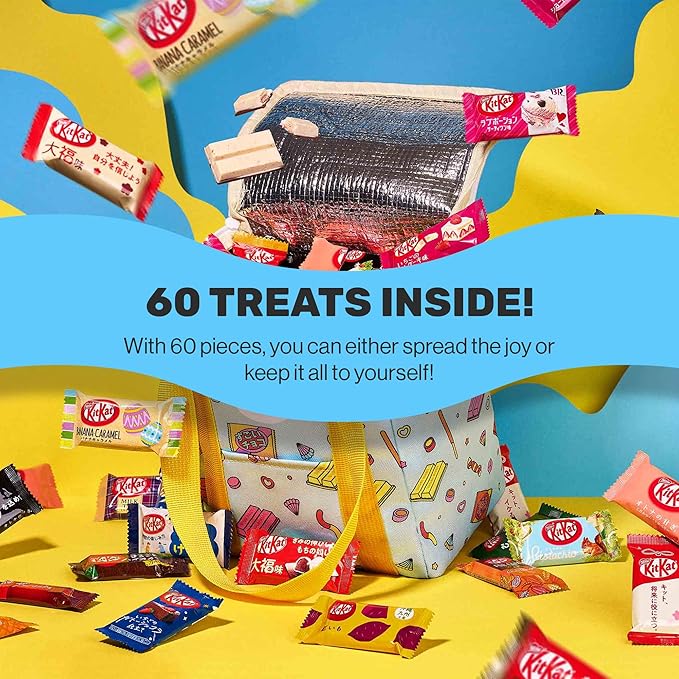 Sugoi Mart Japanese Kitkat Variety Pack - 50 Pcs Mini Kitkats Individually Wrapped Japanese Chocolate Wafer Bars 7-9 Assorted Flavors with Stylish Reusable Cooler Bag