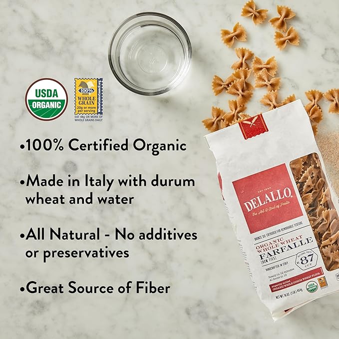 DeLallo Whole Wheat Farfalle Bowtie Pasta 1 Pound Bag 7 Pack Butterfly Shape Noodles 100% Organic Imported from Italy Made with Whole Durum Wheat Flour