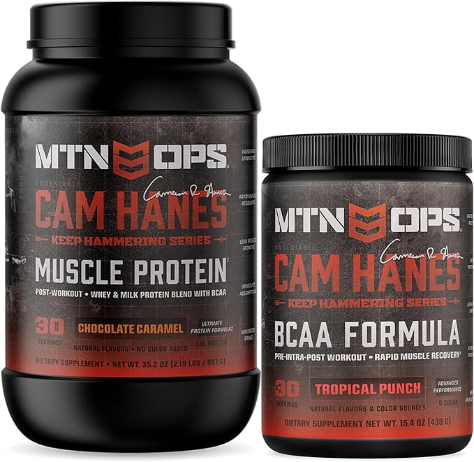 MTN OPS Cam Hanes Whey Protein &amp Tropical Punch BCAA Bundle – Chocolate Caramel Protein Powder + Amino Acids