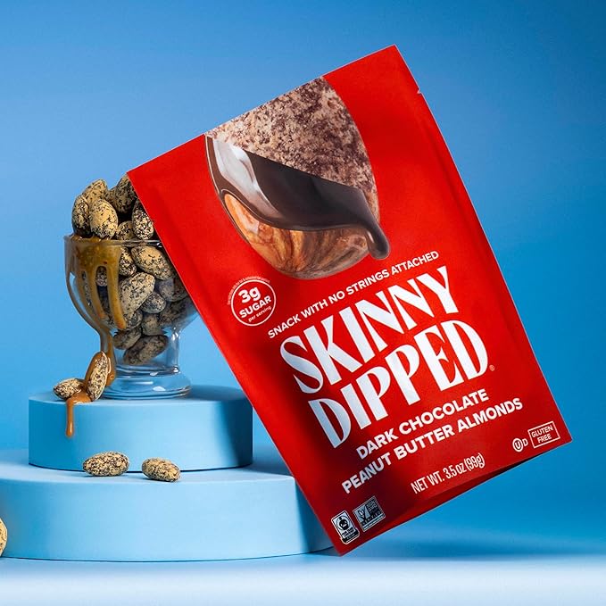 SkinnyDipped Dark Chocolate Peanut Butter Almonds Chocolate Covered Almonds Low Sugar Gluten Free Healthy Snack 1.2 Ounce Bags (Pack of 15)