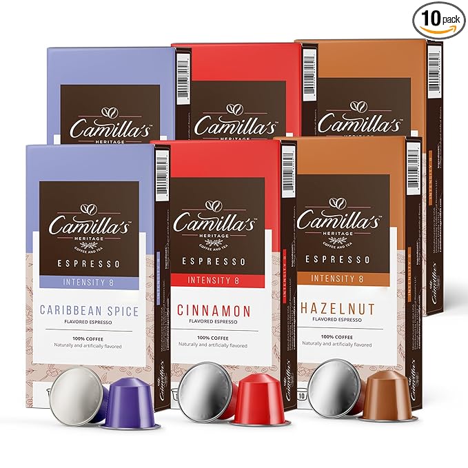 Camilla’s Heritage - Intensity 8 Flavored Espresso Coffee Spiced Variety Pack (Caribbean Spice Cinnamon &amp Hazelnut Espresso Cups) 60 Coffee Pods
