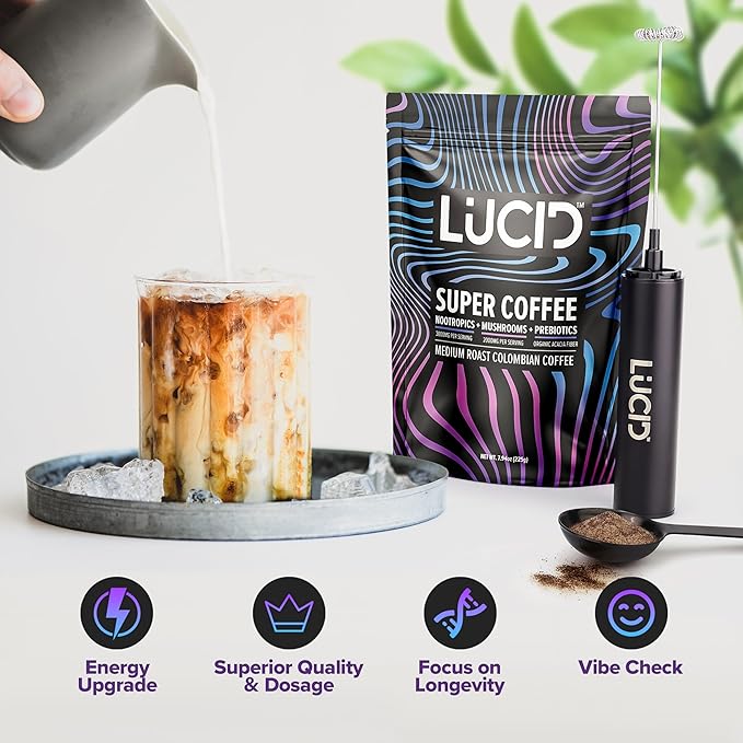 Lucid Superfood Organic Mushroom Coffee with Nootropics - Lion's Mane Tremella Cordyceps &amp Turkey Tail - Instant Mushroom Coffee Focus Brain Health - Alpha GPC L-Theanine Ginko Biloba - USA Ma