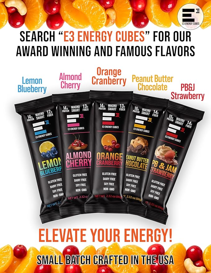 E3 Energy Cubes- Orange Cranberry Refrigerated Protein Bars | Gluten Free Dairy Free Soy Free Non-GMO Macro Smart Prebiotic Fiber Prebiotic Fiber | High-Protein Healthy Snack Bars | Made in USA