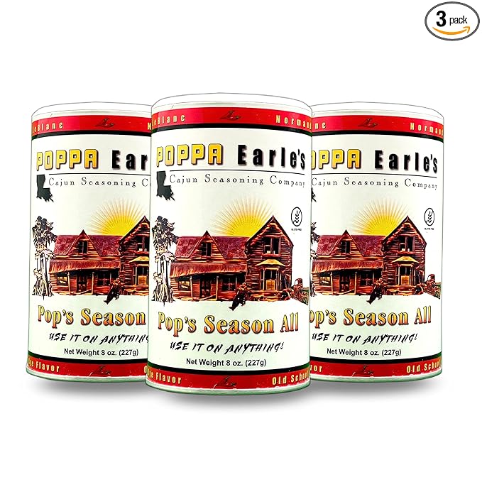 Poppa Earle's Seasoning (Cajun Seasoning Company) Gluten Free and No MSG All Purpose Seasoning Pops Season-all Pack of 3 (8) ounce cans
