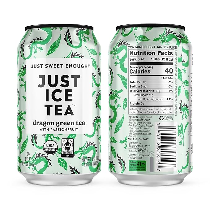 Just Ice Tea Dragon Green Iced Tea 12-Pack (12oz Cans) Green Tea USDA Certified Organic Real Brewed Low Calorie No Artificial Sweeteners Fair Trade Made in USA.