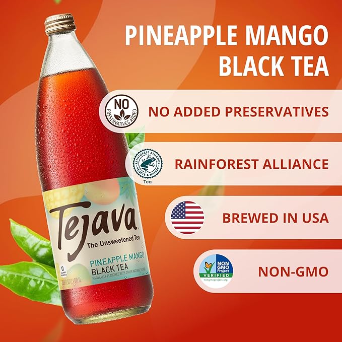 Tejava Pineapple Mango Black Iced Tea 12 Pack 1 Liter Glass Bottles Unsweetened Non-GMO Kosher No Sugar or Sweeteners No calories No Preservatives Brewed in Small Batches