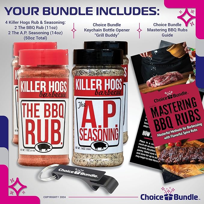Killer Hogs AP All Purpose Seasoning &amp The BBQ Rub Premium Variety 4 Pk (50 oz) + Barbecue Masters &amp Bottle Opener (6 Items)!