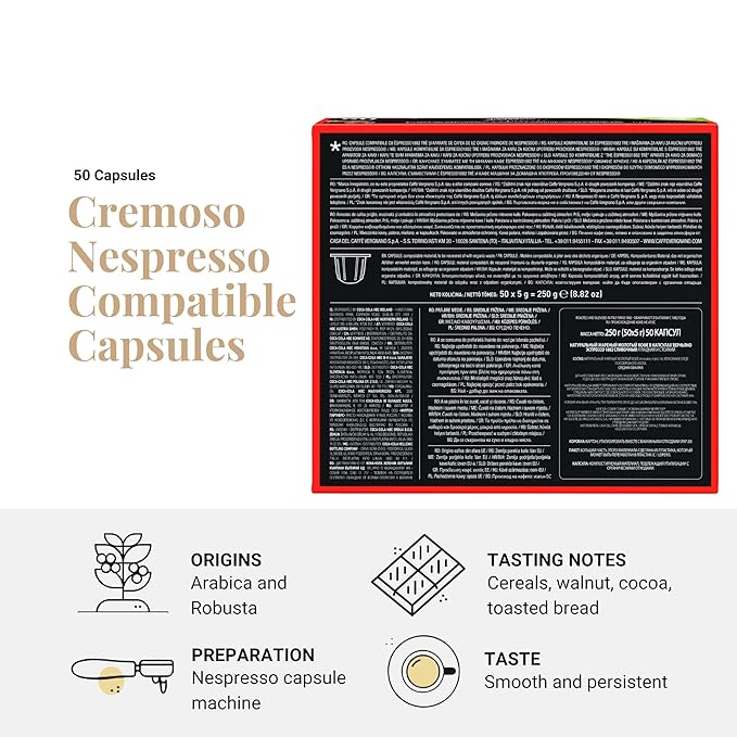 Caffe' Vergnano Whole Bean Coffee Bundle - Antica Bottega Beans 1000g bag &amp Cremoso Espresso Original Line Machine Compatible Capsules (50 Pack)
