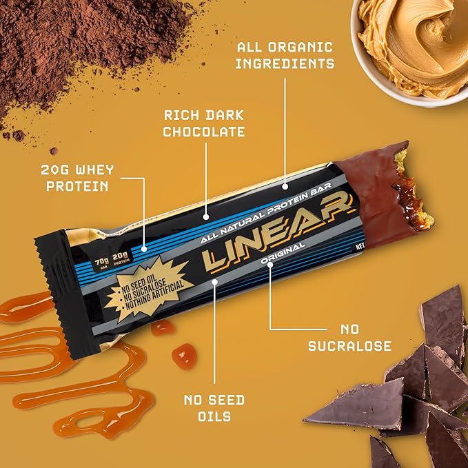 Linear Protein Bar Chocolate Peanut Butter Caramel Flavor 20 Grams Whey Protein Clean and Natural with All Organic Ingredients No Seed Oils High Fiber Gluten Free Healthy Snacks 3 Pack