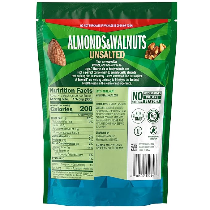 Emerald Nuts Almonds &amp Walnuts Natural 5 Oz (Pack of 4)
