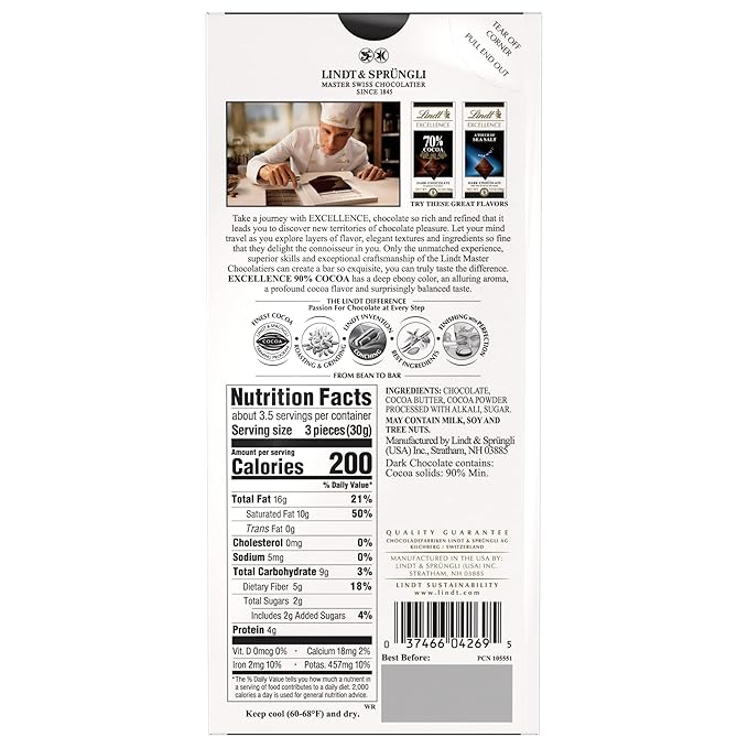 Lindt EXCELLENCE 90% Cocoa Dark Chocolate Candy Bar Dark Chocolate 3.5 oz. Bar