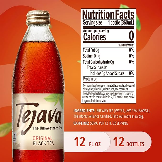 Tejava Original Black Iced Tea 12 Pack 12oz Glass Bottles Unsweetened Non-GMO Kosher No Sugar or Sweeteners No calories No Preservatives Brewed in Small Batches
