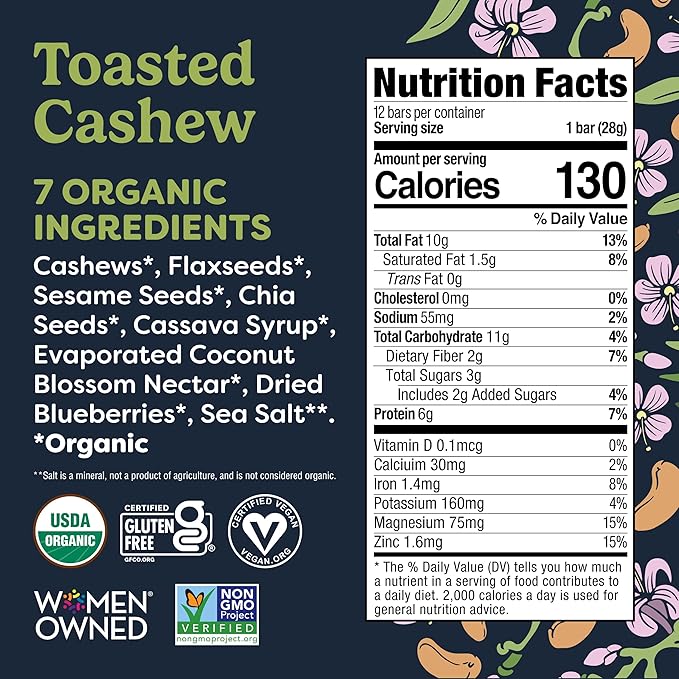 Tosi Nut Bars Cashew Healthy Snacks for Adults &amp Kids Plant Based Crunchy Bars (6G Protein) Organic Keto Snacks Vegan Gluten &amp Soy Free Low Sugar Omega 3s 1oz 12-Pack