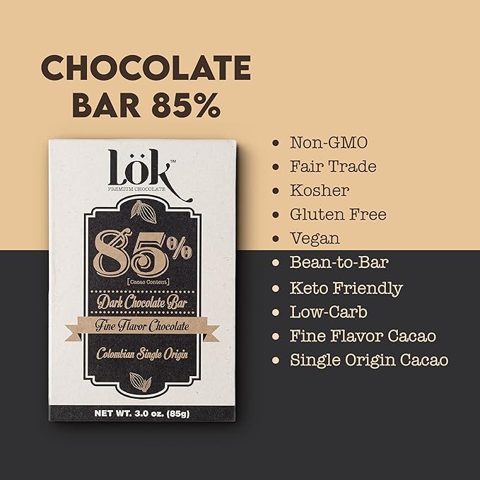 Lok Dark Chocolate Bar 85% Cacao | Fair Trade Non-GMO Kosher Gluten Free Vegan Bean-to-Bar Keto Friendly Low-Carb Paleo Lök | 3.0 Ounce 12 Pack
