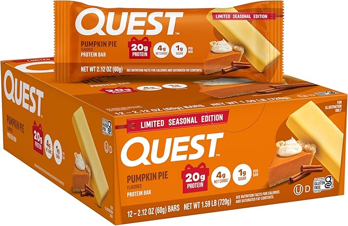 Quest Nutrition Pumpkin Pie Protein Bar 20g Protein 4g Net Carb 1g Sugar Gluten Free 12 Count